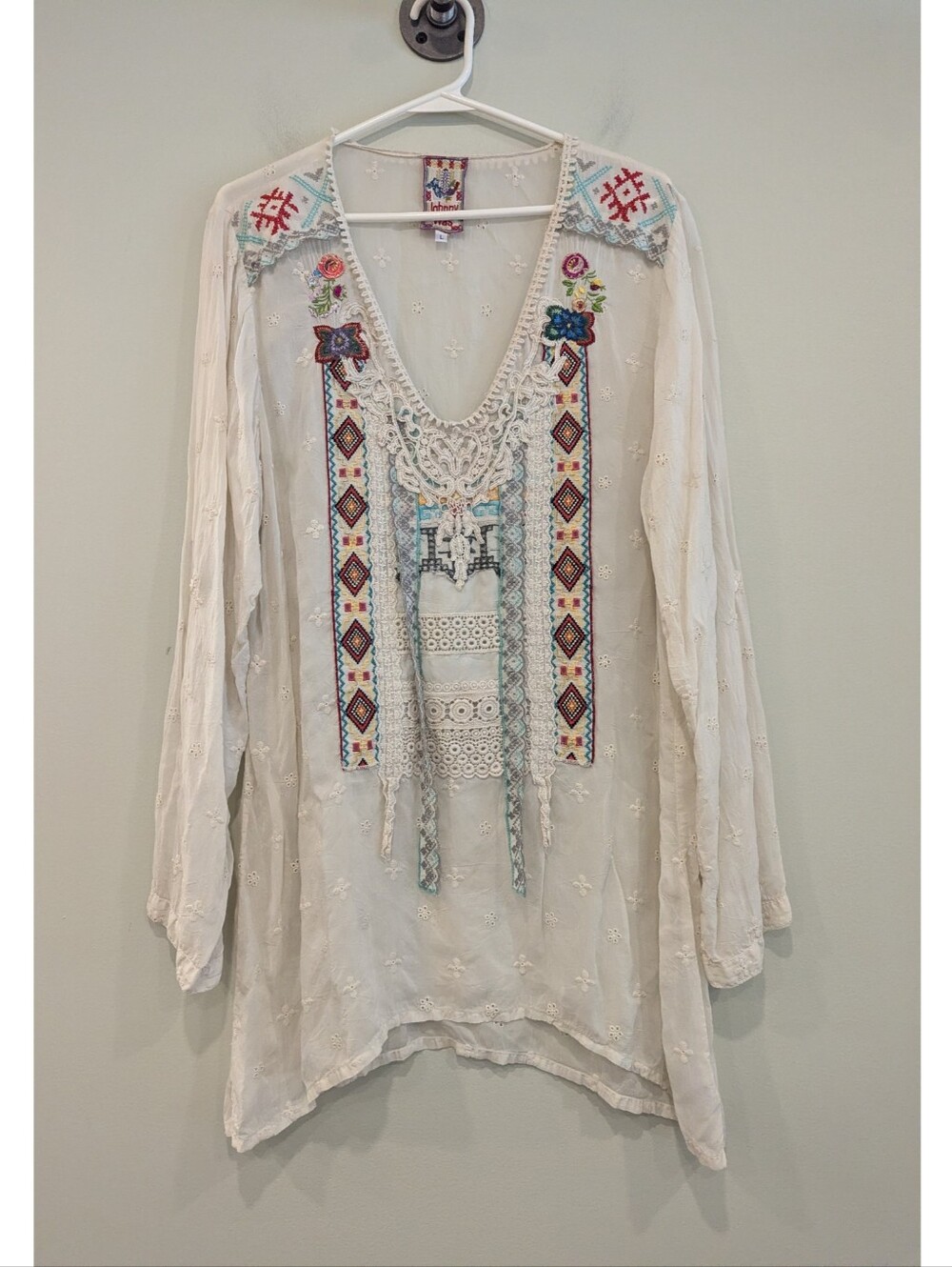 Johnny Was Cupra Rayon Embroidered Tunic Top Size Large